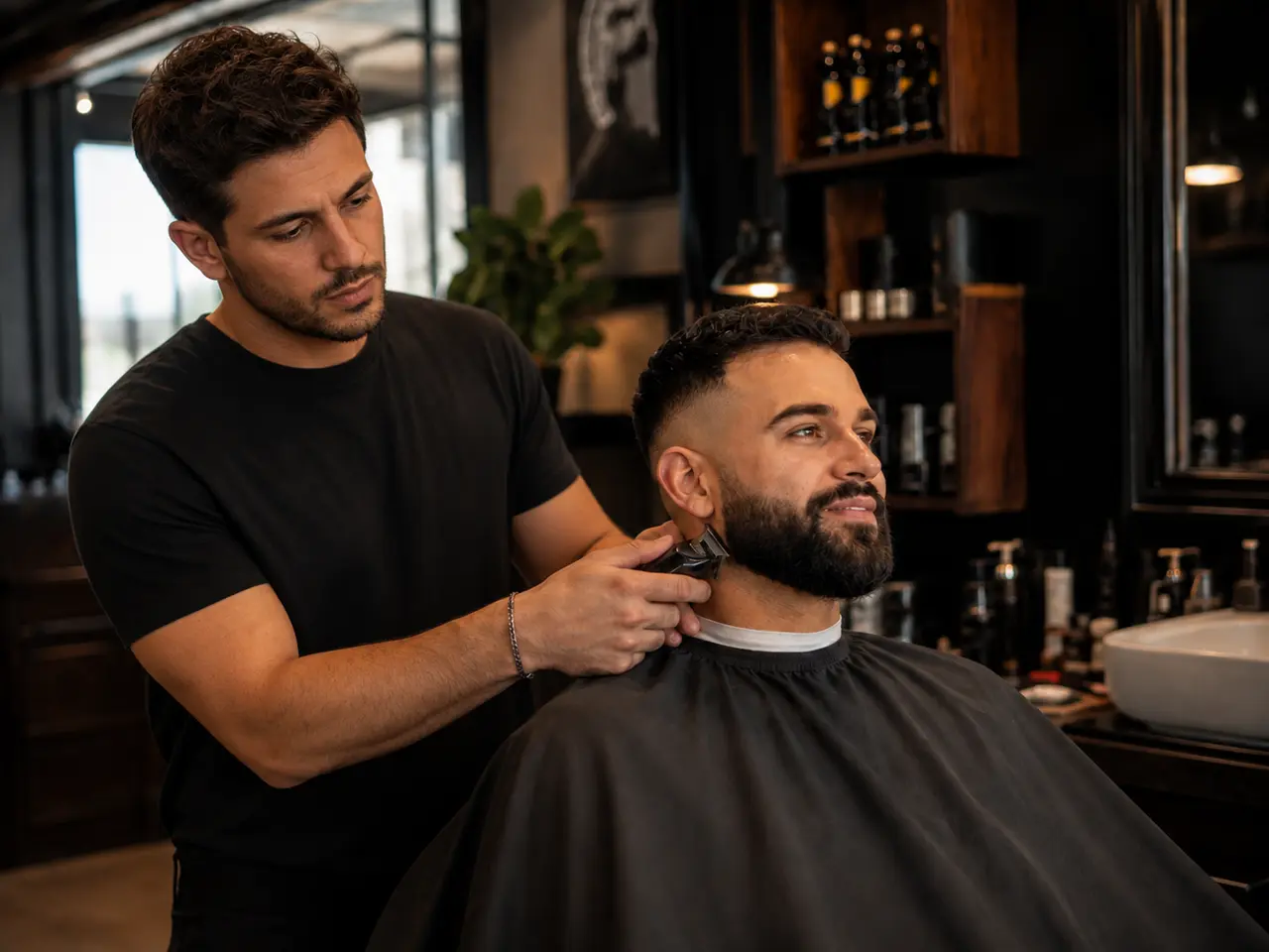 Barber shaping a client's beard with clippers at Razor & Oak