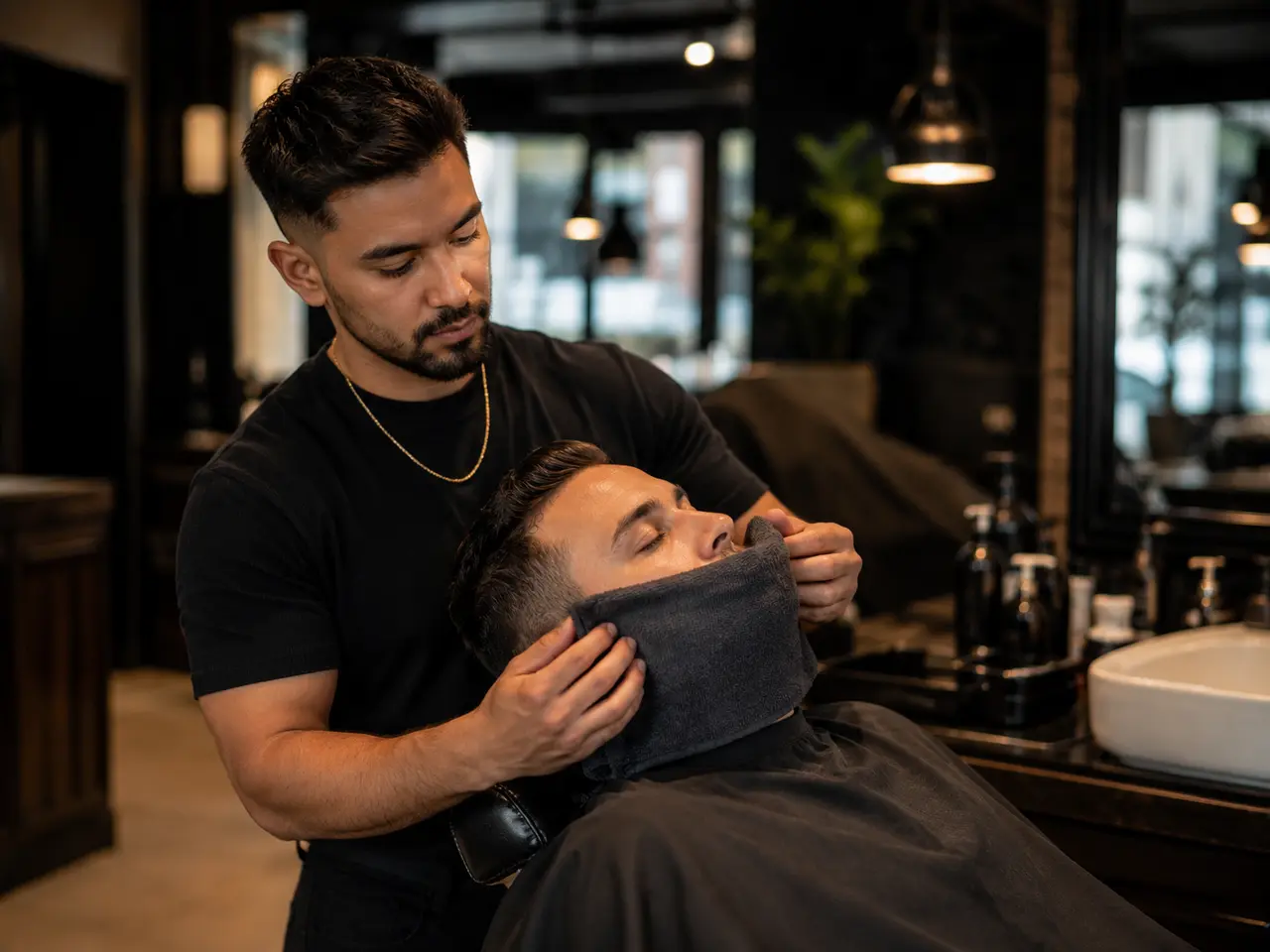 Barber applying a hot towel treatment to a client's face at Razor & Oak