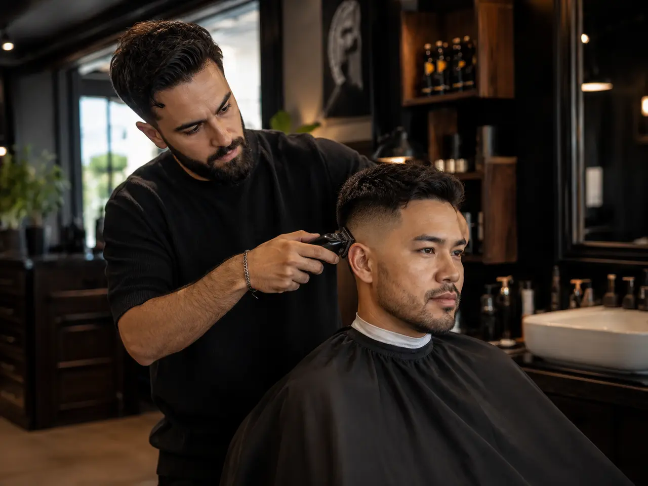 Barber giving a client a precision haircut with clippers at Razor & Oak