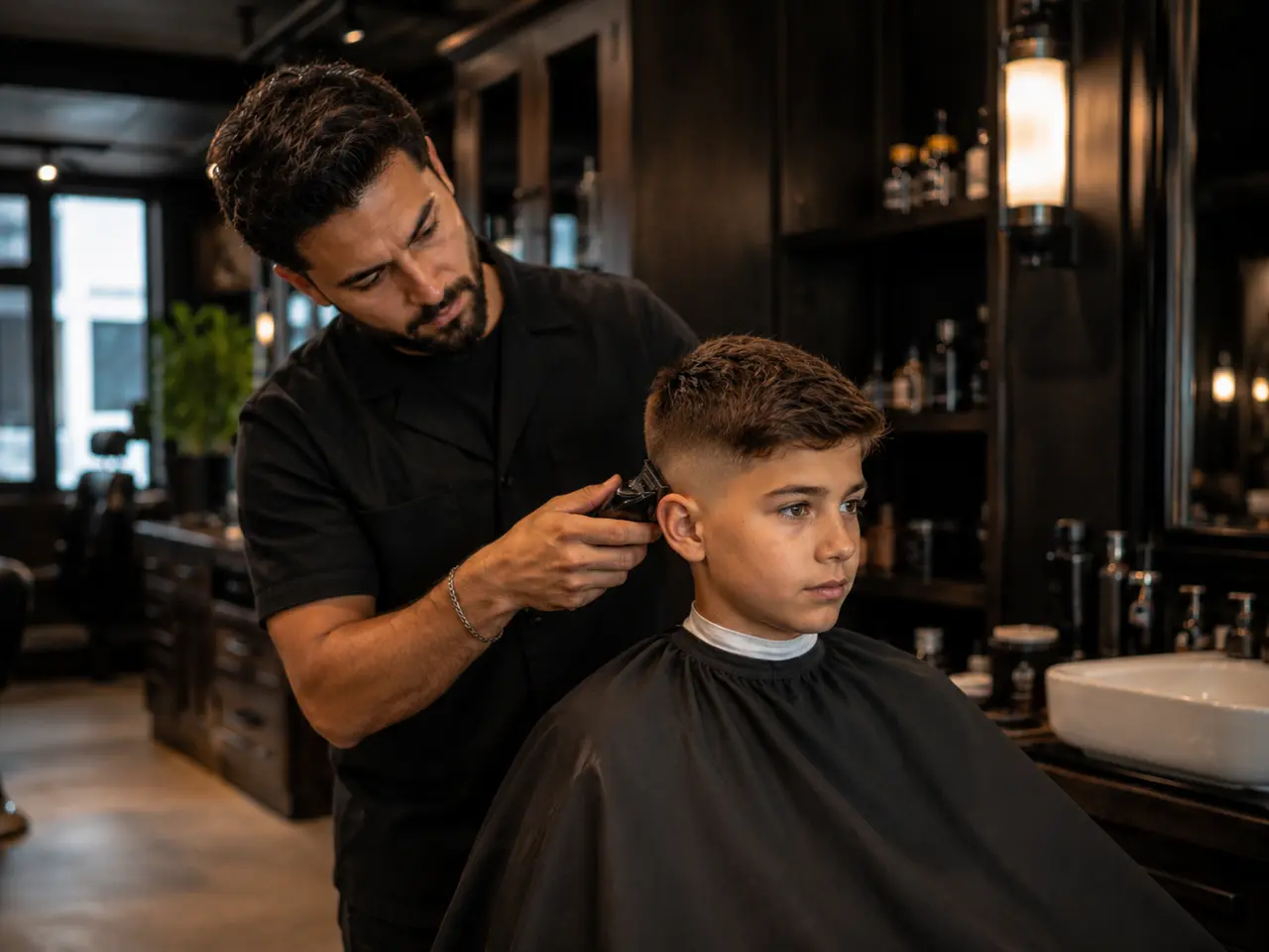 Barber giving a young boy a haircut at Razor & Oak
