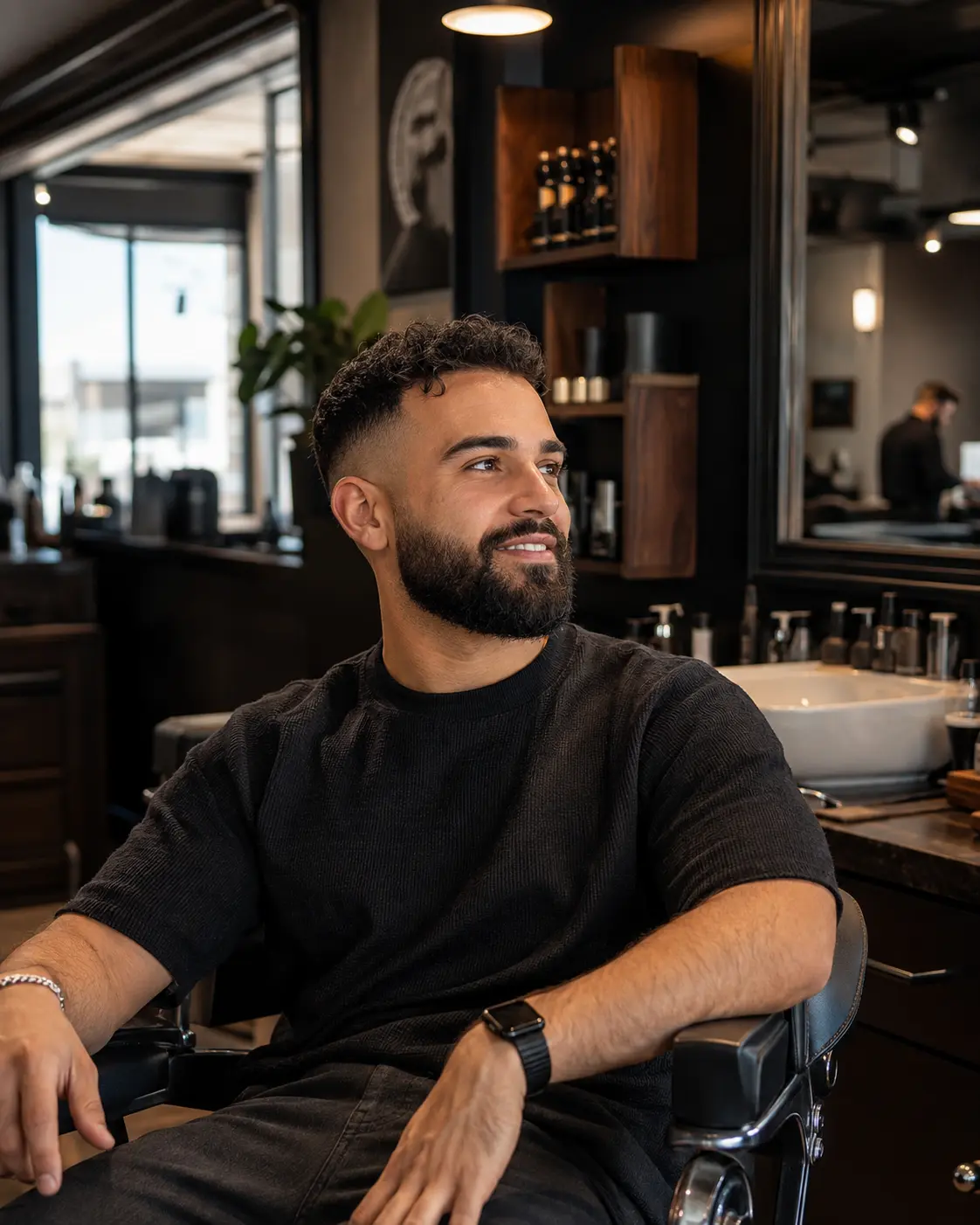 Client relaxing in a Razor & Oak barbershop chair