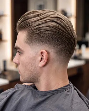 Slicked-back cut with tight faded sides, finished at Razor & Oak